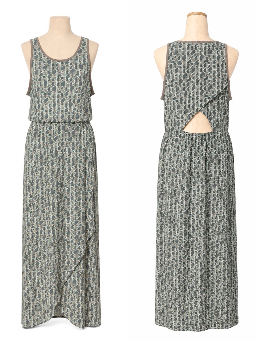 Toad and co.  Geometric blue & grey print.  Front layered skirt, open lower back
